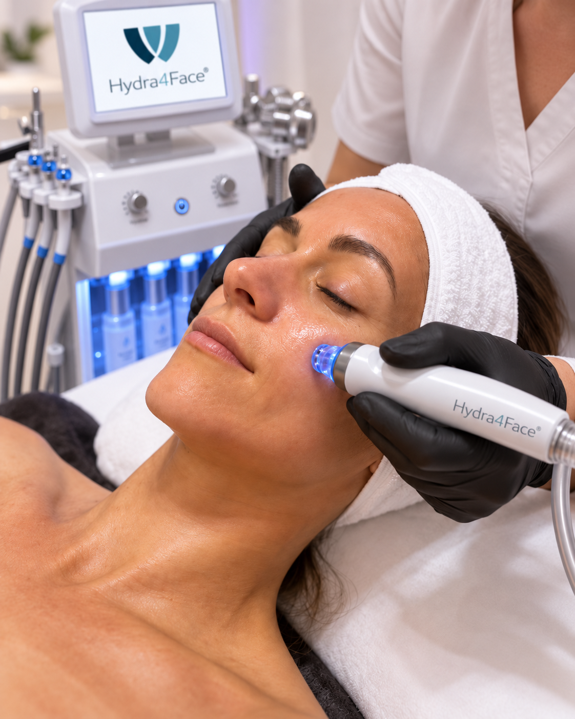 Hydro-Dermabrasion mit Handstück am Gesicht einer liegenden Kundin – tiefenreinigende Gesichtsbehandlung bei Katrin Mieling Schönheit & Heilkunst